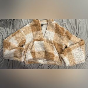 SHEIN LUNE Drop Shoulder Kangaroo Pocket Buffalo Plaid Teddy Pullover